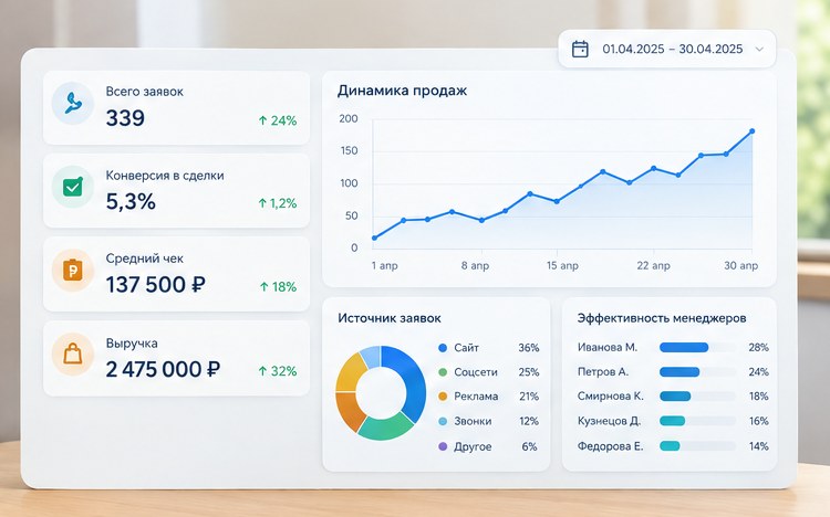 Планшет с дашбордом CRM: заявки, выручка и показатели менеджеров