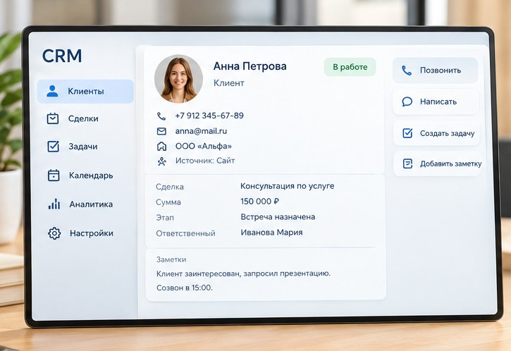 Карточка клиента в CRM: контакты, сумма сделки, этап и заметки